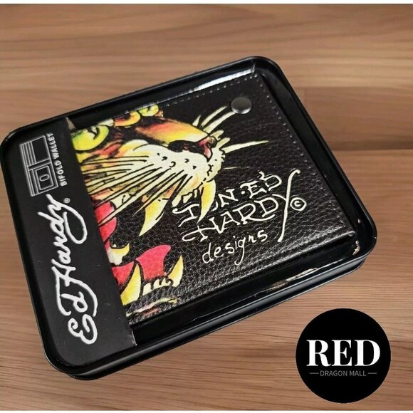 ED HARDY TIGER BLACK BIFOLD WALLET WITH METAL BOX - NEW